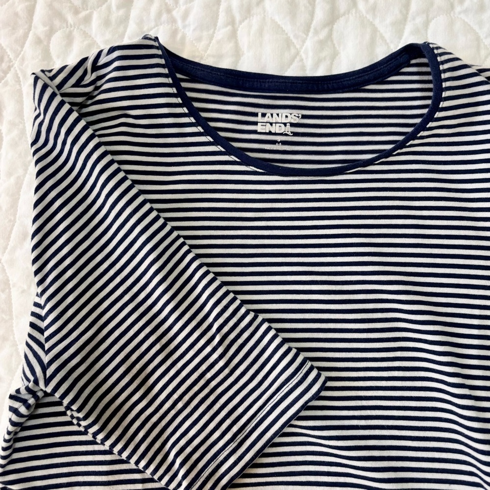 Lands' End Navy & White Small Striped Boatneck Top